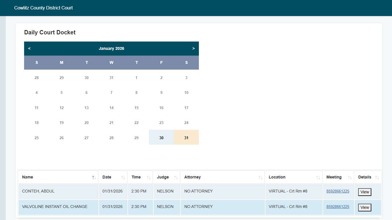 Daily Docket - Cowlitz County District Court